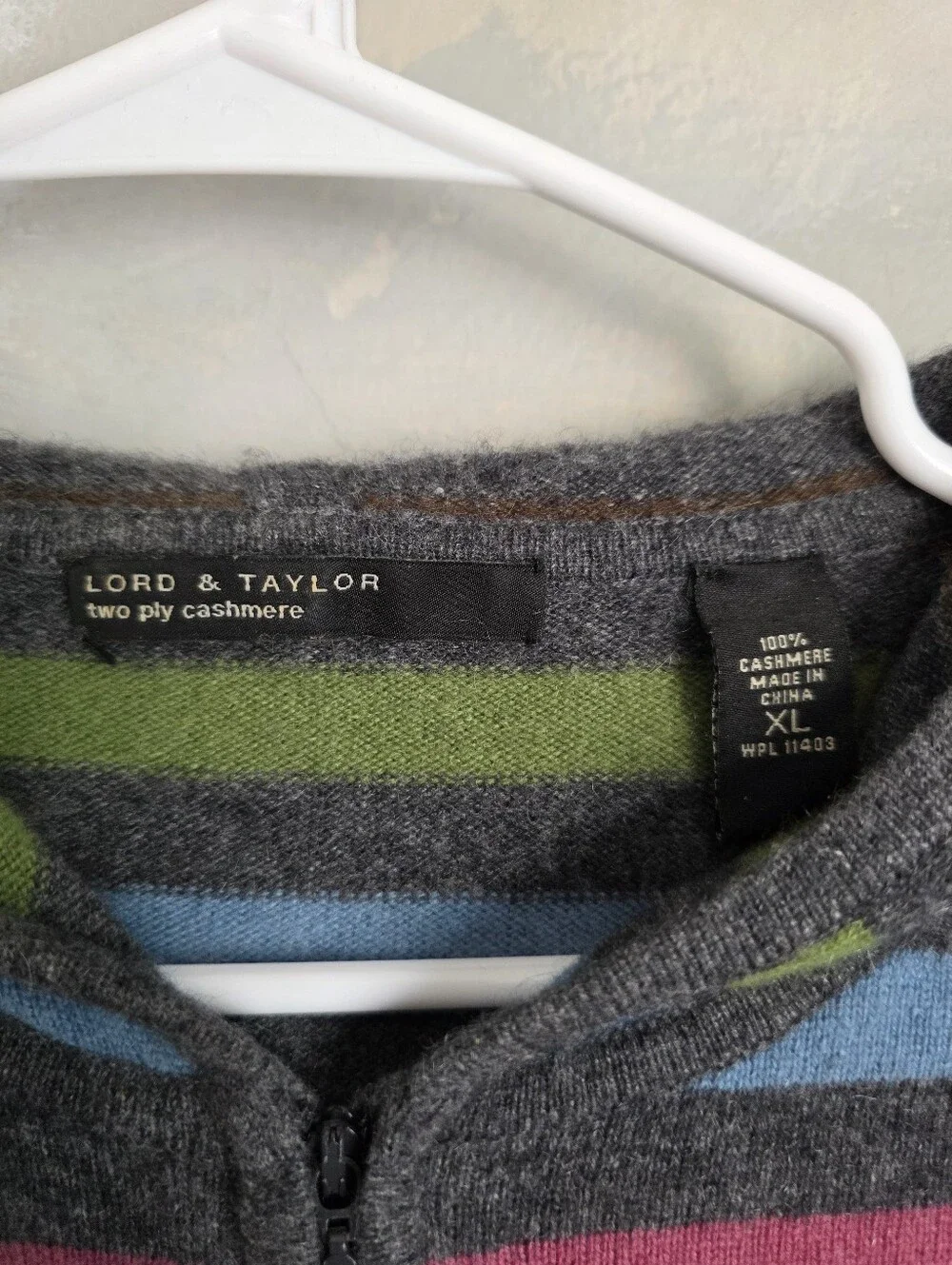 Vtg Lord & Taylor 2PLY Cashmere Multicolor Horizontal Stripe Full Zip Hoodie XL